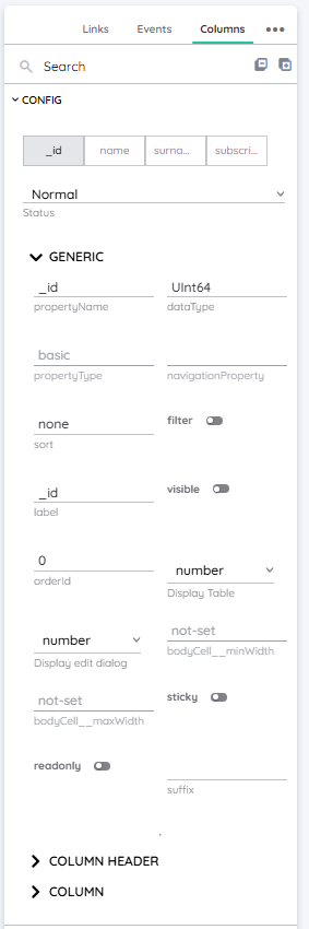 Column picker inside the detail panel